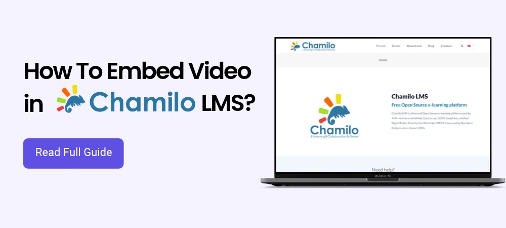 featured image of 'embed video in chamilo LMS' guide featuring chamilo website screenshot in laptop